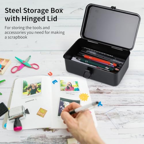 Image of Steel Storage Box with Hinged Lid, Metal Container for Scrapbook Stamps, Rectangular Empty Hinged Tool Box, Metal Storage Organizer for Pegs, Pens, Stationary (7.9 X 5 X 3 Inch)