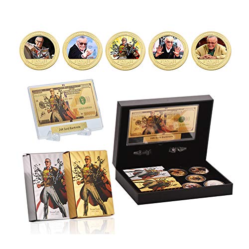 5 PC Stan Lee Commemorative Coin, 24k Gold & Silver Playing Card for Collection,A Great Coin and Poker Collecting Gifts for Husband, Father, Friends,Fans,Father's Day