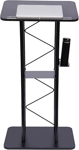 Miniatura 2 de Soporte para podio, atril curvo negro con estante de almacenamiento, atril de 47 pulgadas de alto, púlpito de hierro negro, soporte de anfitriona de
