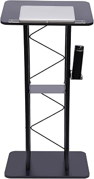 47.2H Metal Curved Podium Stand W/Cup Holder, Black Large Curved Lectern W/Shelf, Stand Up Church Pulpit, Professional Presentation Lectern, Truss Metal Pulpit Lectern, Conference Pulpit Podium