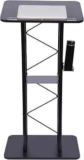 Curved Podium Stand, 23.8 * 15.9 * 47inch Great Durability Portable Metal Presentation Stands Lecterns Curved Church Conference Black Metal Curveds Podium with Cup Holder for School Churches Speeches