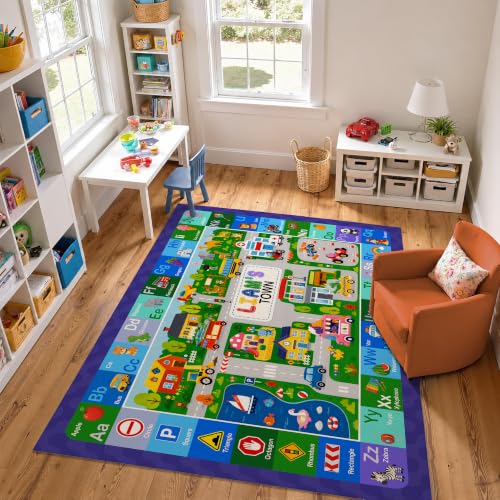 Custom Road Map Area Rug, Personalized City Street Car Rug, 5x7 Cars Truck Play Mat, Washable Non Slip Soft Town Playroom Carpet for Kids Bedroom Nursery Classroom, Back to School Decor (A2) - Image 6