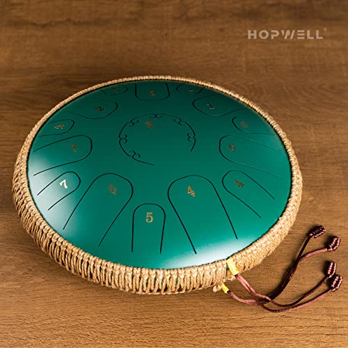 Steel Tongue Drum - Hopwell 14 Inches 15 Notes - Percussion Instruments - Hand Pan Drums With Music Book, Drum Mallets And Carry Bag, C Major, Green #TOP1