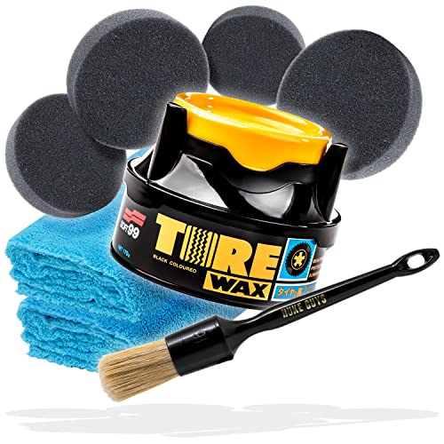detailmate Kit d'entretien des pneus et des Plastiques Premium | Soft99 Tire Black Wax 170g + Pinceau détail Nuke Guys + 4 applicateurs + 2 Chiffons Microfibre | Cire de Pneu avec Effet de Coloration