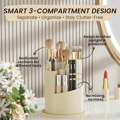 Image of OCEANEVO Cosmetic Makeup Brush Holder with Makeup Sponge, Dustproof Makeup Brush Organiser Stand with 360 Rotatable Lid - 12.5 x 27 Cm - Beige - 1 Year Warranty