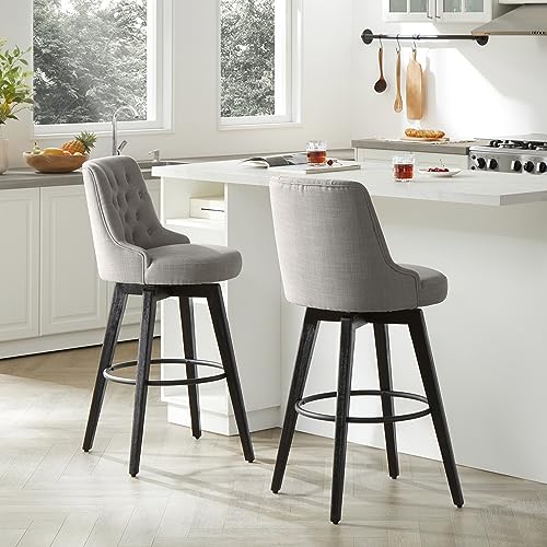 Image of Watson & Whitely Swivel Bar Stools with Back, Fabric in Flint Grey | 30 inch H Bar Height Barstools, Set of 2, Solid Wood Legs
