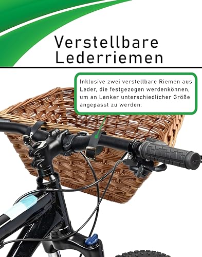 XXL Fahrradkorb aus Rattan für Fahrradlenker - Aufbewahrungskorb, Einkaufskorb, Lenkerkorb, Fahrrad, Korb, Halter vorne