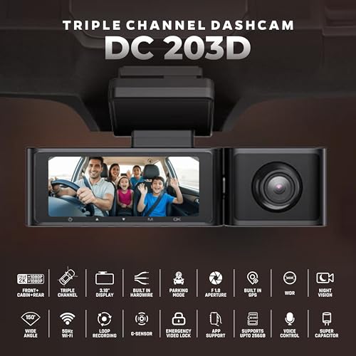 Image of DC 203D Quad HD Triple Channel Dashcam (Front+Cabin+Rear - 2026 Edition) with 3.18 inch Display|F True 2K, Cabin True FHD, Rear FHD Resolution | 4MP Front Camera |WDR |