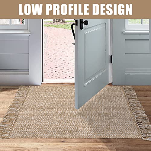 Collive Small Bathroom Rug, 2' X 3' Hand-Woven Low Profile Front Entryway Rug, Tan Cotton Reversible Washable Kitchen Mat Modern Farmhouse Carpet For Foyer Bedroom Back Door Decor #TOP4