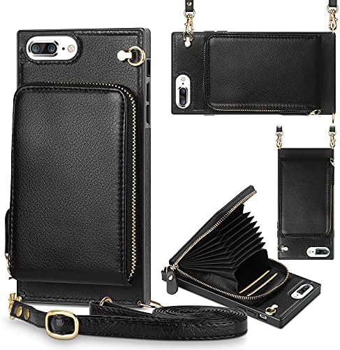 JAKPDE for iPhone 7 Plus Case iPhone 8 Plus Case Wallet Zipper Leather Case with Card Holder Slots Protective Cover with Lanyard Case Compatible with iPhone 7 Plus iPhone 8 Plus 5.5 inch Black