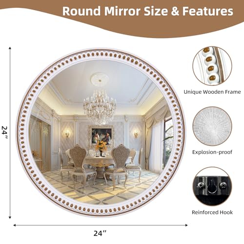 Image of 24 Inch Round Wall Mirror, Rustic Farmhouse Wooden Mirrors for Bathroom | Over Sink Accent, Circle Decorative Look, Ideal for Entryway, Living Room, Bedroom, and Hallway Styling