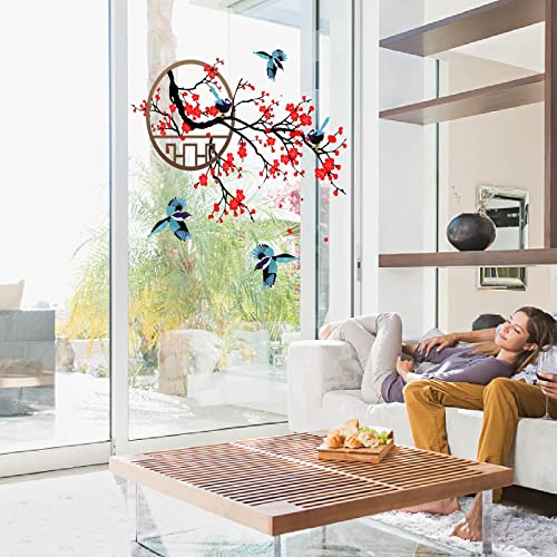 Superdant Floral Wall Stickers Window Red Plum Flowers Tree And Bird Decals Diy Vinyl Art Decorations Decor For Bedroom Living Room Office Study Room Murals #TOP3