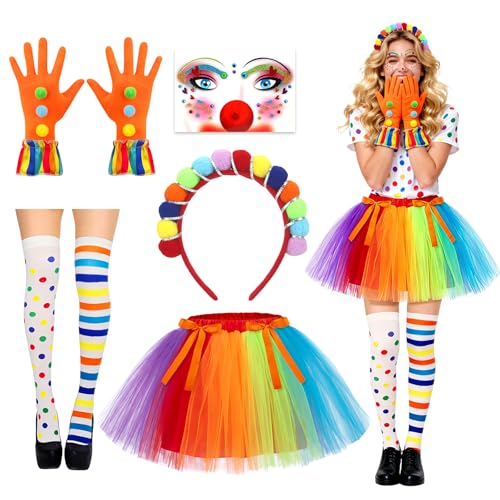 5 PCS Deguisement Clown Femme, Coloré Serre Tete Fete Tatouage Visage Gants Chaussettes Hautes Jupe Tutu Arc En Ciel, Costume Clown Déguisement Cirque Femme pour Fête...