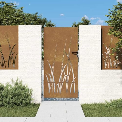 Gecheer Puerta de jardín Acero,Puerta para Valla,Puerta Exterior de Jardín,Cancela Barrera Valla Verja,Patio Entrada Exterior,Robusta y Duradera Acero corten Oxidado diseño Hierba 85x200 cm