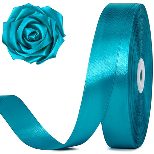 Jutieuo 100 Yards 1 Inch Teal Blue Satin Ribbon Turquoise Blue Solid Fabric Ribbon Roll for Flower Bouquet Gift Wrapping Roses Making Handmade Crafts