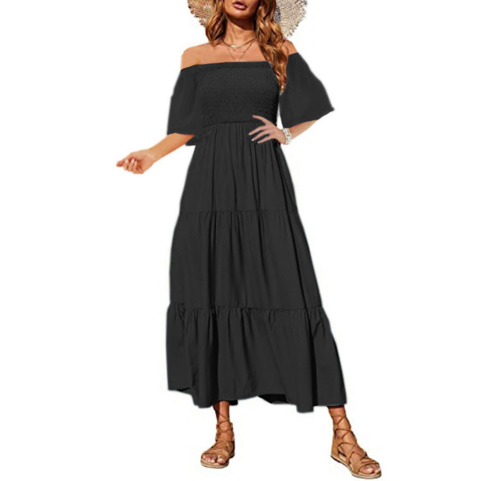 Robe smockée à manches courtes avec encolure élastique et fluide TQV22040402