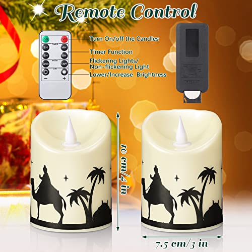 Image of Treela 2 Pieces Christmas Flameless LED Candles with 8h Timer, Battery Operated Plastic Pillar Rustic Candles Warm Light with Decals for Adventure Table Home Decor, D3 x H6 (Nativity)