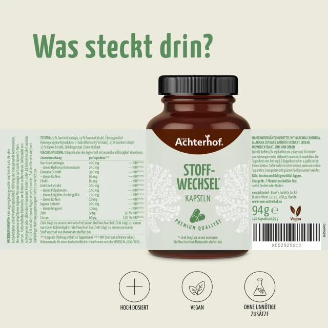 Stoffwechsel Kapseln (120 Kapseln) | Funktion aus Cholin, Zink und Chrom | plus Garcinia Cambogia, Guarana-, Grüntee- & Ingwer-Extrakt | für 60 Tage | vom Achterhof