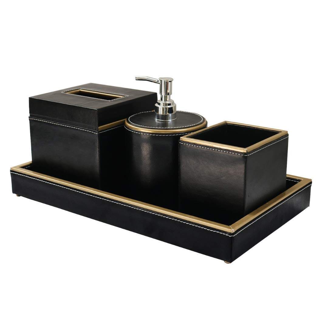 CasaGold Bathroom Accessory Sets II 4 Pieces Bathroom Accessories Complete Set II Vanity Countertop Set in Leather, Includes Soap Dispenser, Tissue Paper Holder, Tumbler and Tray- Black