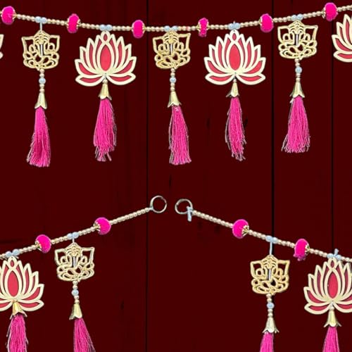 Image of iHandikart Decorative Toran for Door, Handmade Lotus Bandhanwar with Pink Tassels & Beads, Traditional Indian Door Hanging for Diwali, Wedding & Home Decoration Size (40 Inch)