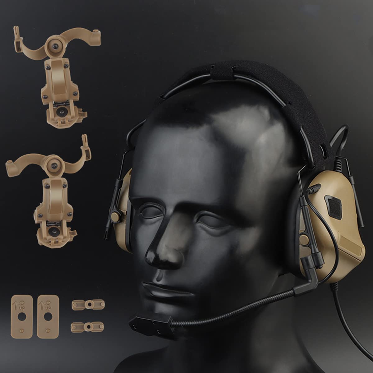 WLXW Auriculares Tácticos para Airsoft (Montados En La Cabeza Y Montados En El Casco), Orejeras Tácticas Aire Libre (Sin Reducción Ruido), con Brazo Adaptador Riel ARC para Casco