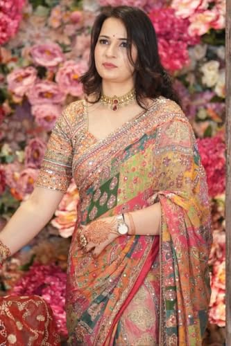 Image of Designer Chinon Silk Printed Mirror Work Saree with Unstitched Blouse Piece for Women Festive TraditionalWear Party Ethnic Saree (Rust Orange)