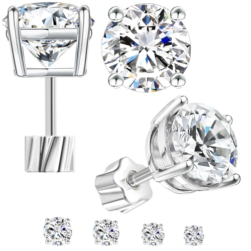 Moissanite Earrings, Hypoallergenic Flat Back Earrings for Women Men, Screw On Studs 925 Sterling Sliver Cartilage Earring for Sensitive Ears 4mm Post
