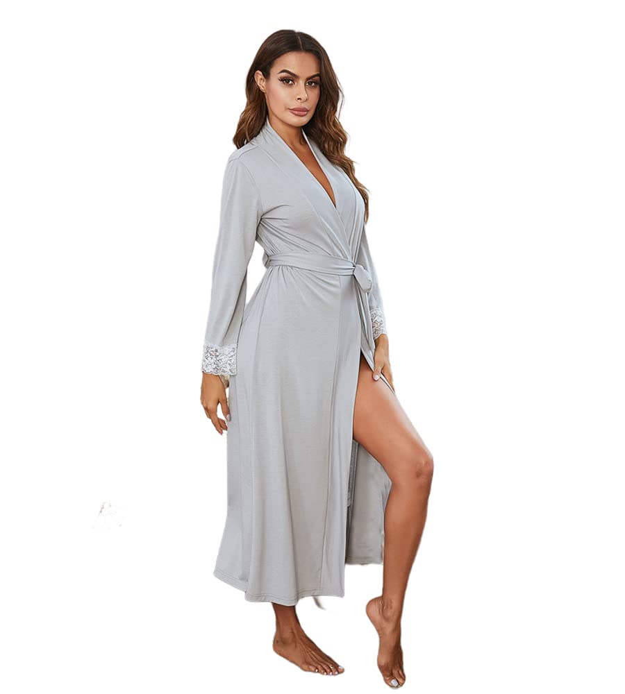 Robe de chambre longue en dentelle légère pour femme, gris, XL
