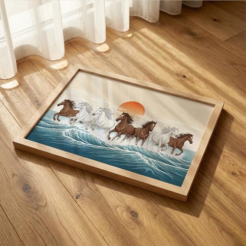 Image of Suneree 7 Horse Vastu Wall Painting - Modern Running Horses Ocean Sunset Framed Wall Art for Living Room Decor (Natural, Design 07, 10x13 Inch)