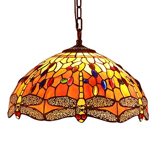 Bieye L30715 Dragonfly Lampada a sospensione in vetro colorato con paralume largo 16 pollici fatto a mano, arancione