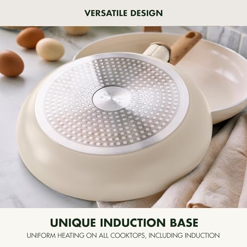 Image of GreenPan Rio Essence Wood 10 Piece Cookware Pots and Pans Set, Healthy Ceramic Nonstick, PFOA & PFAS-Free Coating, Induction, Silicone Rim Lids, Stay-Cool Wood Print Handles, Dishwasher Safe, White