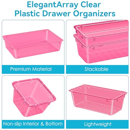 Image of ElegantArray 12 PCS Drawer Organizer Set, 4 Sizes Tool Storage Trays, Clear Plastic Makeup Vanity Organizer and Storage Bins for Stationeries, Multiple Gadgets for Office, Bedroom, Pink