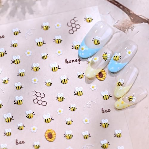 Image of Bee Nail Stickers Flower Nail Decals with Honeycomb Design 5D Embossed Self Adhesive Nails Charms Supply for Women DIY Manicure Decoration