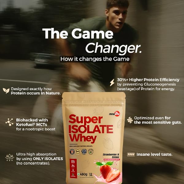 Image of Neulife Super Isolate Whey Protein 450 g | Max Absorption Protein Shake with Patented Ketofuel MCTs | Strawberries & Creme with Real Fruit