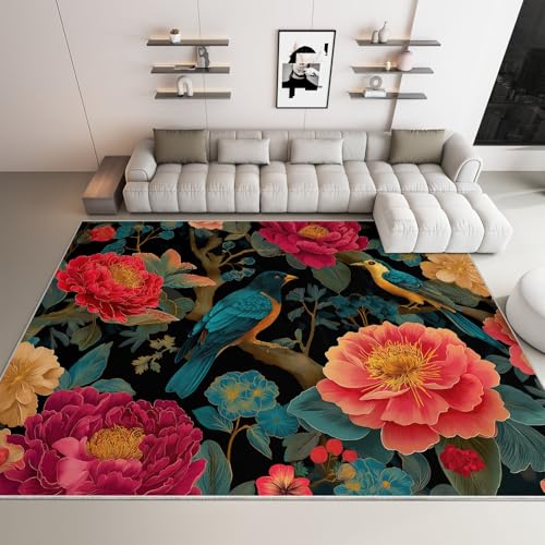 Genérico Alfombra de Salón Dormitorio Habitación Infantil Oficina Sala de Estar Diseño Clásico Floral Pájaro, Alfombra de Pelo Corto Juvenil Antideslizante Resistente Suave 60x90 cm, Negro