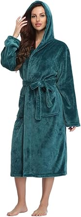 RONGTAI Womens Robes Plush Fleece Malachite Green Hooded Bathrobe Thick ...