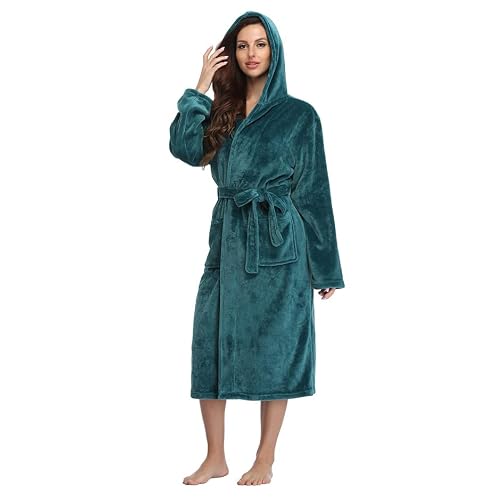 Rongtai Womens Robes Plush Fleece Malachite Green Hooded Bathrobe Thick Nightgown With Pockets Fluffy Sleepwear Small #TOP4