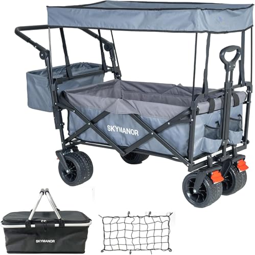 Image of SKYMANOR Collapsible Wagon Folding Garden Cart with Removable Canopy Utility Heavy Duty Wagon Cart with All-Terrain Wheel Storage Brake for Camping Shopping (Upgraded Canopy-Gray Splicing)