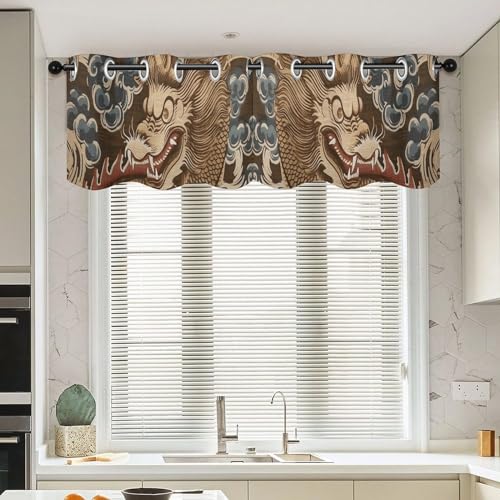 Cenefas y cortinas cortas de estilo asiático con refinado estampado de dragón dorado 2