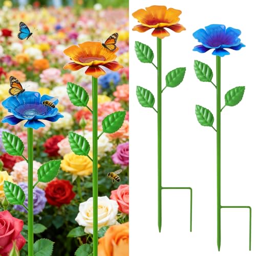 TTioDri 2 Pack Bee Watering Station, Metal Bee Water Station with Flower Design Colorful Butterfly Bath Bowl Drinking Feeder Cups for Outdoor Garden Yard Decor (Blue,Yellow)