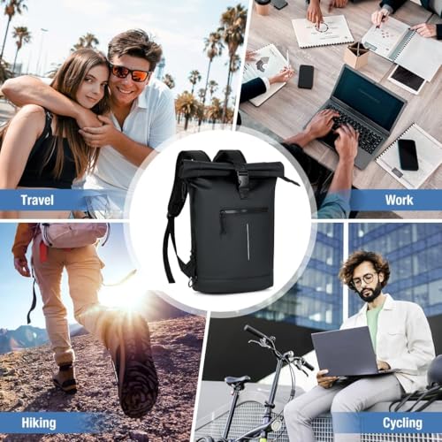Lekeinchi Rolltop Rucksack Wasserdicht für Damen & Herren, Großer Laptop Rucksack mit Computerfach für 17 Zoll Laptop, Elegant Reiserucksack Daypack für Reisen, Radfahren, Uni Schule--Schwarz
