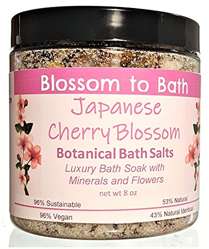 Japanese Cherry Blossom Botanical Bath Salts (8 ounce) - Musky and Sweet Cherry Blossoms - Luxury Bath Soak with Minerals and Flowers. Made in USA by Blossom to Bath