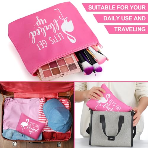 Kacctyen 12 Pcs Flamingo Cosmetic Bags Gifts Let'a Get Flocked up Flamingo Makeup Bag Canvas Zipper Pouch Pink Bachelorette Party Favor Supplies for Women Summer Bridal Showers Party Decorations3