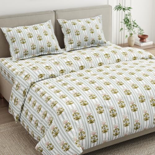 Image of Haus & Kinder Double Bed Bedsheet for Queen Size Bed, Queen Size Bed Sheet with 2 Pillow Covers 90 Inch x 100 Inch | Premium Soft & Silky Pure Cotton 186 TC Double Bedsheet | Heritage Garden