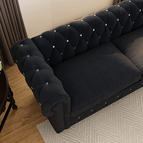 Image of Dime Store Wooden Chesterfield Sofa 3 Seater with Button Tufted Design Solid Wood Frame Upholstered Couch with Rolled Arms | Luxury Living Room Sofa for Home, Office, Lounge & Reception (Black)