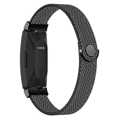 POY Compatible with Fitbit Inspire Hr Bands, Stainless Steel Replacement for Fitbit Inspire and Ace 2 Metal Loop Bracelet Sweatproof Wristbands for Women Men Black Large