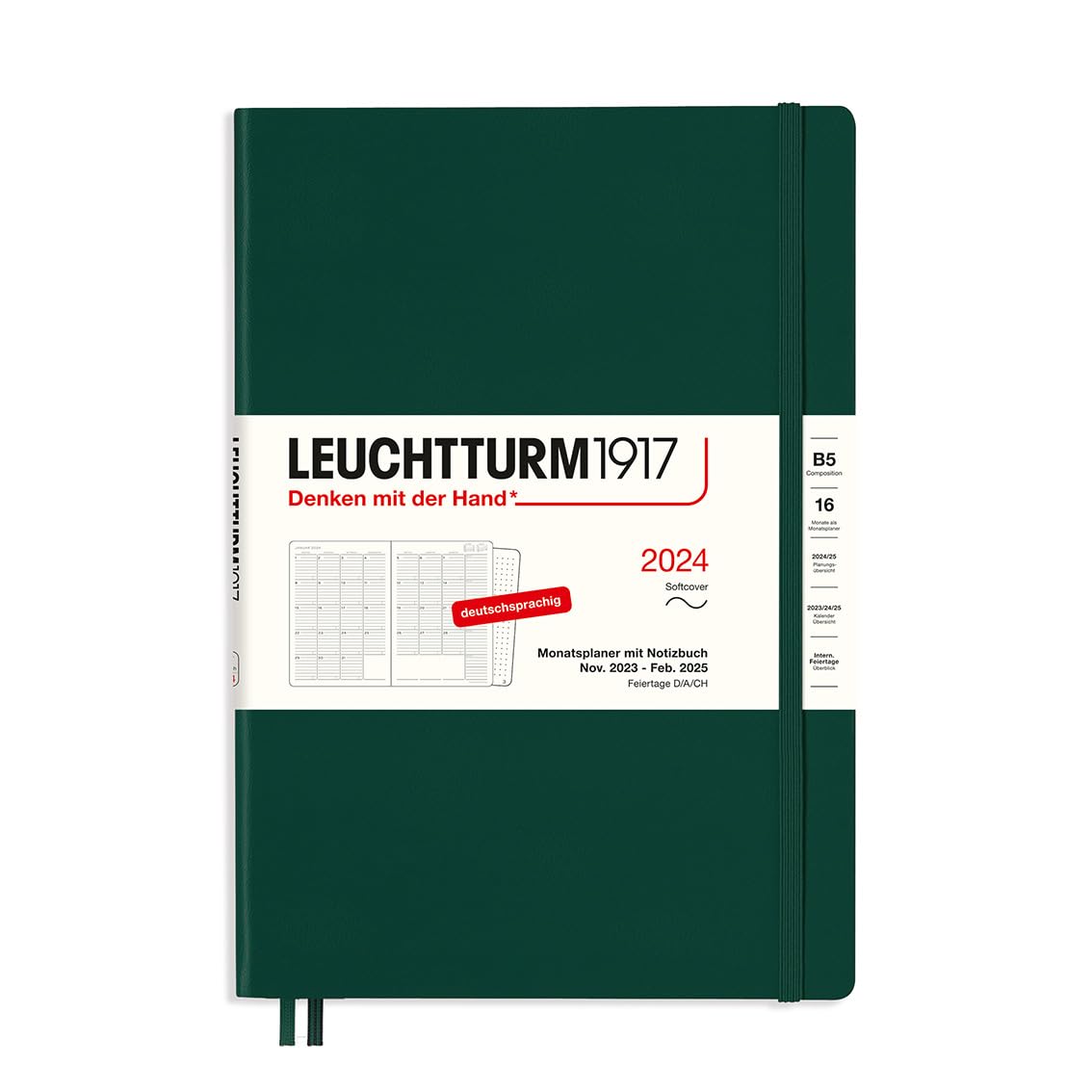 LEUCHTTURM1917 367560 Monatsplaner & Notizbuch Composition (B5) 2024, 16 Monate, Softcover, Forest Green, Deutsch
