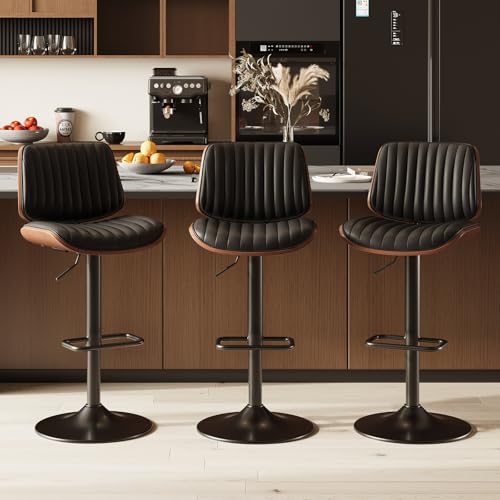 Image of MALOL Bar Stools Set of 3, Adjustable Counter Height Bar Chairs 26 inch-34.5 inch with Swivel & Footrest, Modern Faux Leather Barstools for Kitchen Island, Dining Room,Pub,Black