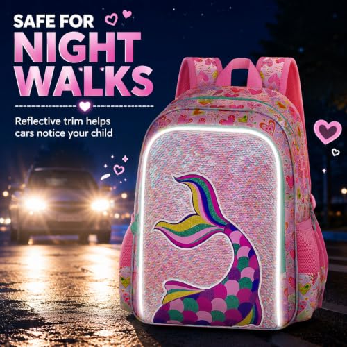 Image of CCJPX 16 inch Mermaid Backpack for Girls, 3Pcs Kids Sequin Bookbag with Lunch Box, Water Resistant Elementary School Bag for Kindergarten Preschool Toddler (Pink)