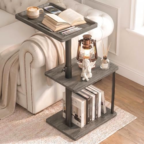 Image of Faesun C Table End Table Adjustable Height, 360Swivel TV Tray Table for Small Spaces, Small Nightstand for Living Room, Bedroom, Gray